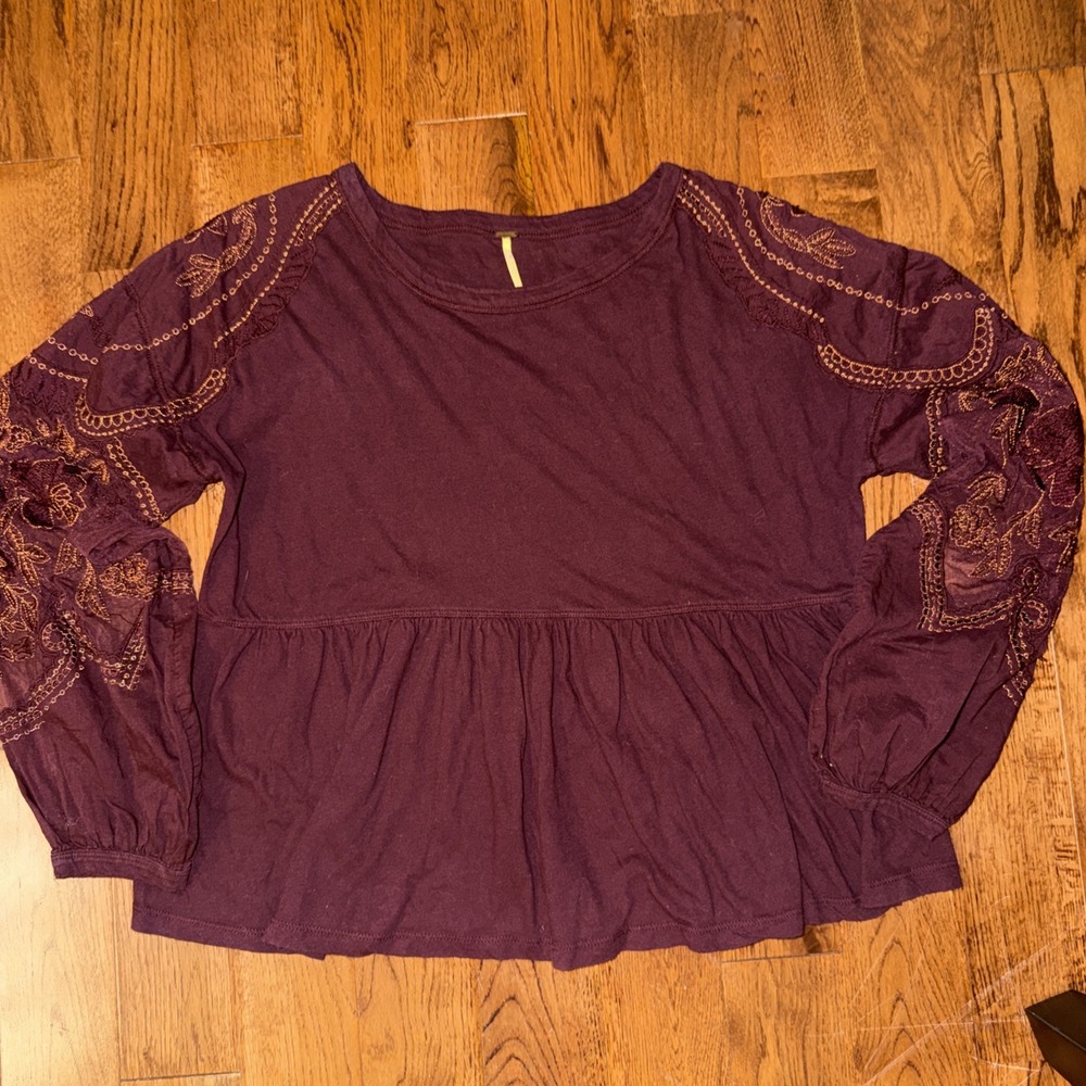 Free People Burgundy Peasant Blouse Boho Lace Embellished  Sleeves Size S
